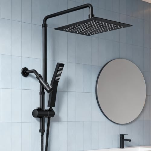 Shineforu 10 Inch Metal Rain Shower Heads with Handheld Spray Combo, Dual Shower Head with Adjustable Slide Bar and Stainless Steel Hose, Height Adjustable, Matte Black - image 6