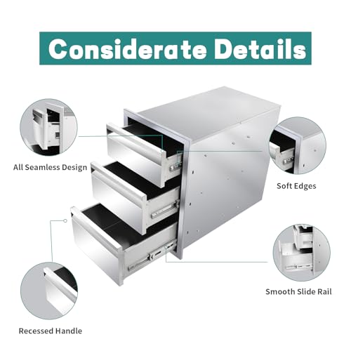 Image of Outdoor Kitchen Drawers 14 inch W x 21 inch H x 23 inch D Stainless Steel Drawer BBQ Triple Drawers with Hidden Handle for Outdoor Kitchen Island, Patio Grill Station