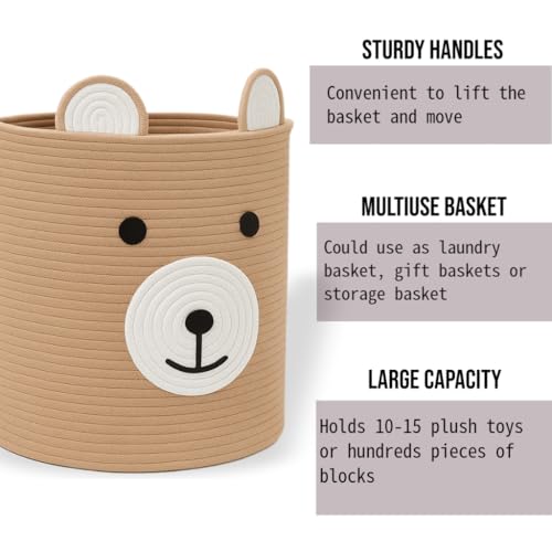 Image of Baby Laundry Basket, Bear Basket, Baby Shower Baskets, Bear Gift Baskets for Kids, Nursery, Toy Storage, Cotton Rope Hamper with Handles (Light Brown, 13 inch D x 15 inch H)