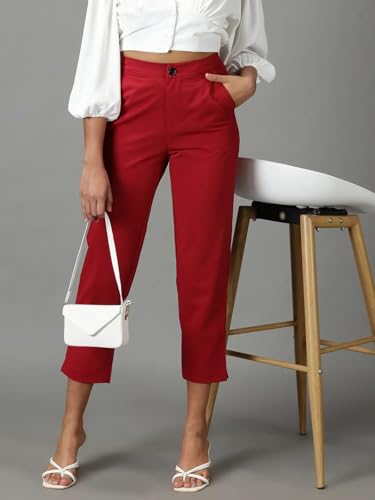 Image of SHOWOFFFF Women Solid Formal Trousers | Cotton Trouser for Womens | Mid-Rise Mom Fit Regular Length Trousers for Women's