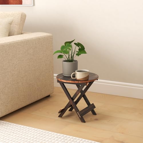 Image of Wooden Folding Adjustable Brown End Table /Coffee Table /Lamp Stand /Plant Table (Round, 12 INCH)
