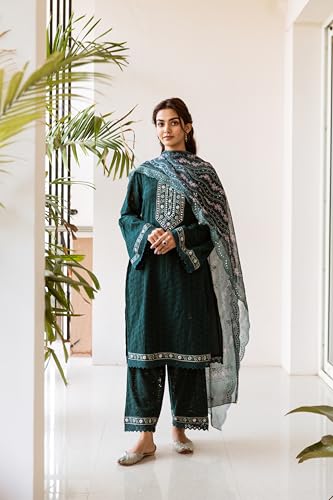 Image of ishin Embellished Yoke Cotton Schiffli Kurta Paired with Lace Hemlined Pants and Art Silk Dupatta