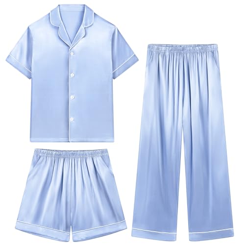 Weixinbuy Girls Pajamas Set Button Down Short Sleeve Pjs Satin Pajamas Sleepwear Lounge Set 3Pcs Pjs for Teen Kids Girls Boys
