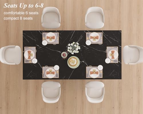 Image of HSH 63 inch Black Faux Marble Dining Table for 6, Rectanguler Dining Room Table | Modern Kitchen Table with a Heavy-Duty Pedestal Base, Seats 6, Ideal For Meals, Work and Gatherings, Table Only