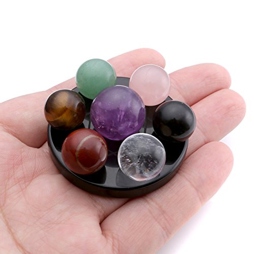 Manifo 7 Chakra Gemstone Ball Sphere Set On Black Obsidian Hexagram Stand Reiki Healing Crystals Authentic Stress Free Relaxation Fengshui Seven-Star Appetizer Plate #TOP1