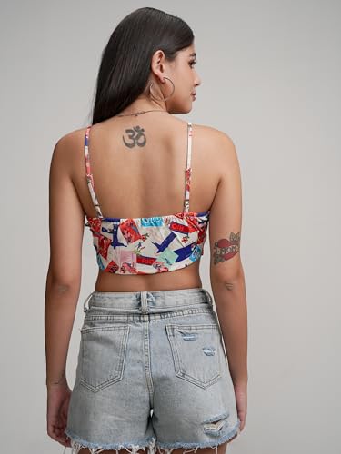 Image of Tokyo Talkies Women's Graphic Print Fitted Crop Top | Shoulder Straps | Chic & Versatile Cut Out | Perfect for Casual & Layered Looks | Tops for Woman | Women Tops | Women Crop Top