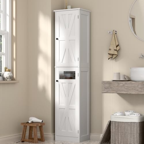 Image of Halitaa Tall Narrow Bathroom Storage Cabinet, Slim Bathroom Cabinet with Adjustable Shelves and 2 Doors, Farmhouse Freestanding Floor Storage for Small Spaces, Bathroom, Kitchen, Living Room, White