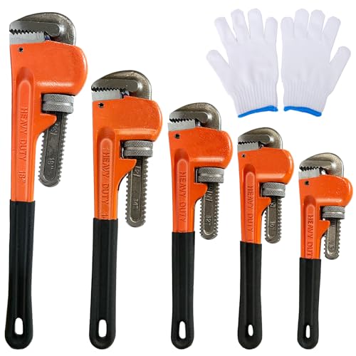Zmwjyxx 5-Piece Heavy Duty Pipe Wrench Set - 8", 10", 12", 14", 18" Adjustable Plumbing Wrench Set, with Soft Handle & Gloves, for Plumbers, Home, Pipeline, Auto Repair