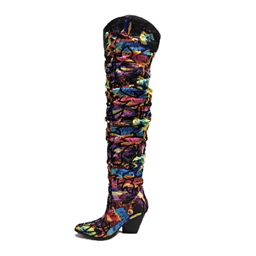 Cape Robbin Women's Western Thigh High Over The Knee Cowboy Cowgirl Boots - Chunky Block Heel Fashion Boots for Women (KELSEY-21) - Black Multi Size 9