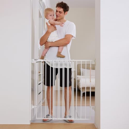 Babelio Baby Gate for Stairs, Kitchen & Doorways, 26-41" W 34" H Extra Tall| No Bottom Bar| Easy Installation| One-Handed Operation| Auto-Close| Hardware Mount Safety Dog/Pet Gate Indoor (White)