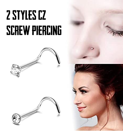 FIBO STEEL 20G 12 Pcs Stainless Steel Nose Screw Stud Nose Rings for Men Women Body Piercing Jewelry CZ Inlaid Silver-tone
