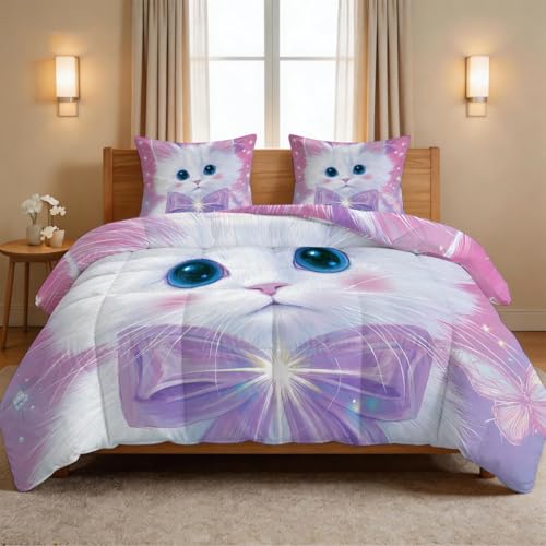 Edredón de 155x220 cm con 2 fundas de almohada de gato y estrellas 6