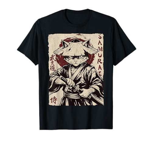 Vintage Samurai Cat Giapponese Estetica Anime Uomini Donne Bambini Maglietta