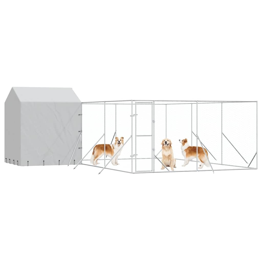 Perrera para perros con techo plateado, acero galvanizado, 6 x 6 x 2,5 m, con puerta cerrable, resistente a la intemperie para perros, cachorros, animales pequeños, protección y seguridad en