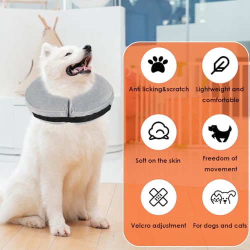 BUYGOO Aufblasbare Halskrause Hund, Aufblasbare Halskrause für Hunde & Katzen, Einstellbar Schutzkragen Hunde, Halskrause Hund Aufblasbar, Hundekragen für Genesung nach Operationen oder Wunden, Grau,L