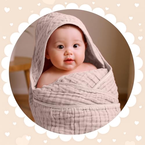 Image of Peryiter 6 Pcs Muslin Hooded Baby Towels, 32 inchx 32 inch Cotton Newborn Bath Towel Muslin Infant Baby Blankets Absorbent Unisex Newborn Registry Gift Essentials for Girls Boys (Pink,Blush,Red)