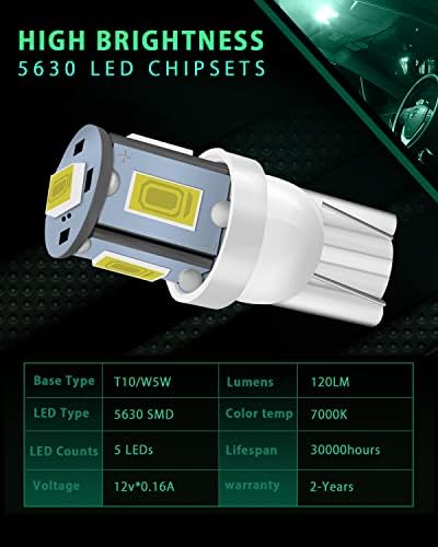 W5W Bulbs, 501 LED Bulbs White T10 LED Bulbs 5630 5SMD T10 Capless LED Bulbs Wedge T10 Car Bulbs for Car Number Plate Lights, Dome Lights, Side Lights, Dashboard Lights