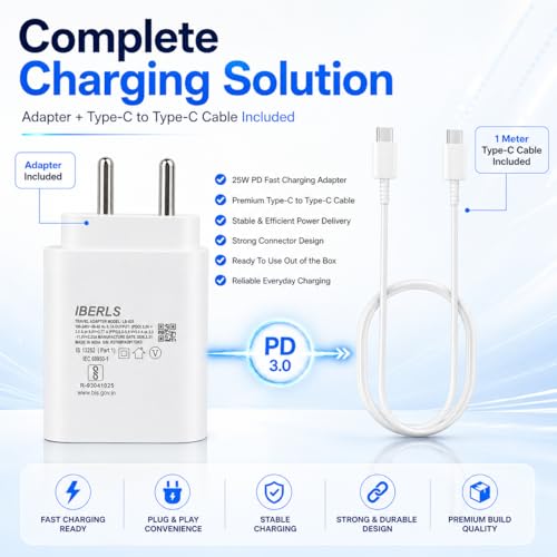 Image of 25W Pd 3A Type-C Super Fast Charging Adapter with 1M Type C Cable for Galaxy F07 /F70e /F17 /F06 /F36 /F56 /F16 /F15 /F05 /F55 /F13 /Tablet /Galaxy Watch- Charge Your Device with 25 Watt USB C Fast Charger