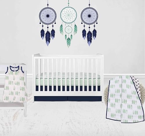 Bacati - Tribal Feathers Buck Triangles 4-Piece Muslin Crib Bedding Set with Sleep Sack - Mint/Navy Boys