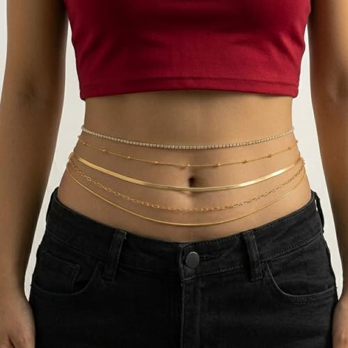 Image of VAMA FASHIONS 18K Gold Plated Belly Chain Anti Tarnish Adjustable Waist Hip Belt Beads Herringbone Saree Kamarbandh Beach Body Chain Combo Jewelry for Women & Girls