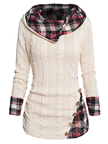 Image of ZEZCLO Women's Twisted Cable Knit Plaid Print Hooded Sweater Mock Button Ruched Shawl Neck Knit Top