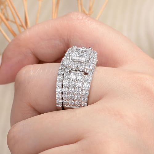 Wuziwen 4Ct Vintage Wedding Ring Set for Women Cubic Zirconia 925 Sterling Silver Princess Halo Cluster Bridal Engagement Rings for Her3