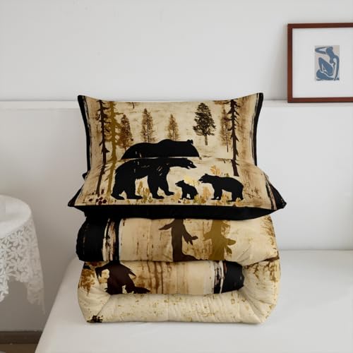 Image of Feelyou Bear Bedding Set for Kids Toddler Queen Size Black Bears Comforter Set Boys Girls Cabin Rustic Farmhouse Bedding Set Wildlife Duvet Set 3Pcs