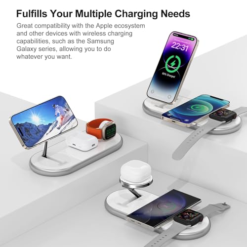 Image of 3 in 1 Charging Station for Apple - Faster Mag-Safe Charger Stand for iPhone - Magnetic Wireless Charger Station for iPhone 17 /16 /15 /14 /13 /12 Series, Apple Watch Series, AirPods Pro (White)