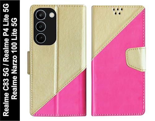 Image of SBMS Flip Cover for Realme C83 5G /Narzo 100 Lite 5G /P4 Lite 5G Back Case with Magnatic Closure | Genuine Leather Finish | Inbuilt Stand | Card & Money Pocket | Wallet Style Flip Cover (MultiPink)