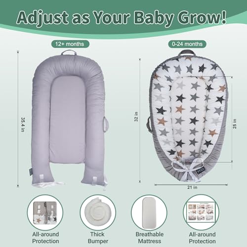 Image of Infant Support Cushions | Baby Lounger | Cotton Infant Lounger | Reversible Adjustable Portable Floor Lounger | Supervised Awake Only No Sleeping | Soft Breathable Washable Cover (Star)