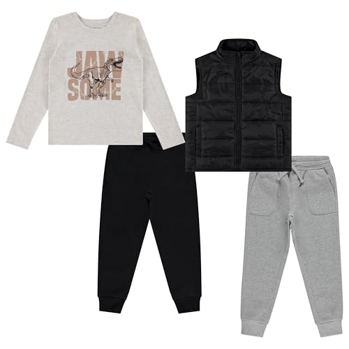 STITCH & STONE 4 Piece Toddler Boys' Outfit Set Long Sleeve Dinosaur Graphic Shirt, Puffer Vest, and 2 Jogger Sweatpant
