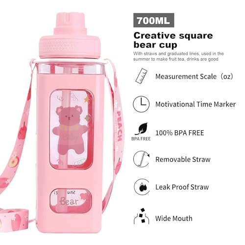 Image of Water Bottle with Straw 700ml Square Plastic Sipper Bottle with Strap, Leakproof Lid and Measurement Scale,Bear Design (Pack of 1)