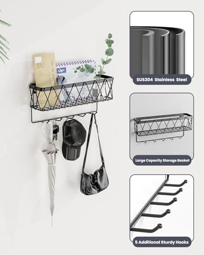 Image of Key Holder Wall Mount Adhesive- Key and Mail Holder for Wall with 5 Hooks, Wall Mounted Mail Organizer and Key Rack, Modern Basket Key Hanger for Entryway, Home, Living Room Wall Decor, Black
