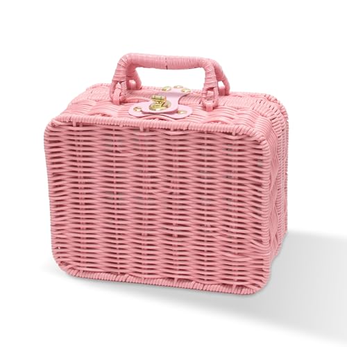 Mini Wicker Picnic Basket, Decorative Prop Suitcase Vintage Storage Hamper Makeup Organizer, 8.7" Metal Lock Rattan Storage Box with Handles for Sundries Travel Camping and Outdoor Party (Pink, Small)