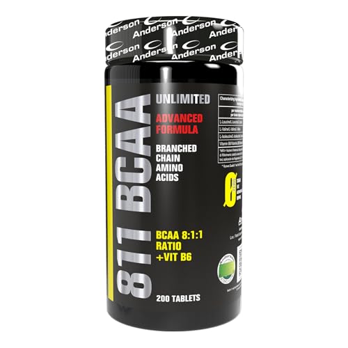 Anderson 811 BCAA UNLIMITED È un integratore di aminoacidi ramificati in rapporto 8:1:1 combinati con Vitamina B6 | 200 cpr | Made in Italy