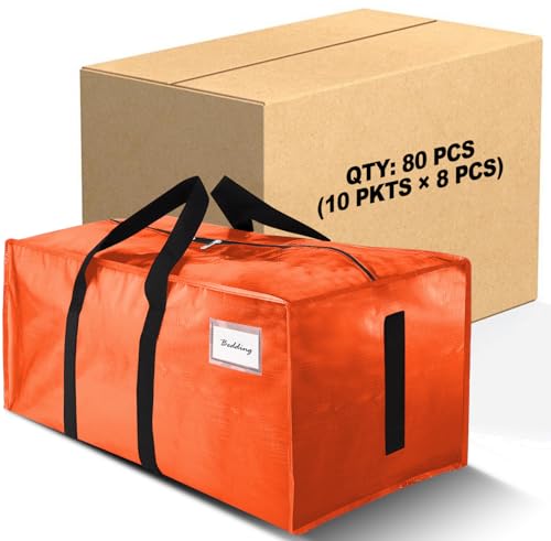 Image of 80 Pack Large Strong Moving Bags with Zippers & Carrying Handles - Water-Resistant - Heavy Duty Storage Tote for Space Saving, Fold Flat, Alternative to Moving Box (Orange)
