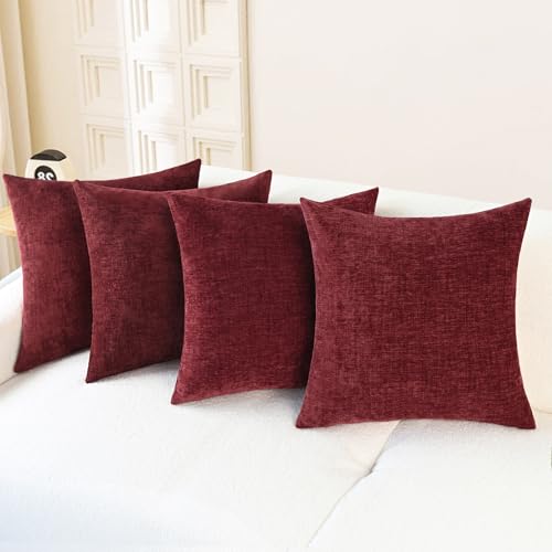 Image of CaliTime Christmas Throw Pillow Covers Decorative 18 X 18 Inches Pack of 4 Cozy Chenille Cushion Cases for Couch Sofa Bed Living Room Home Burgundy