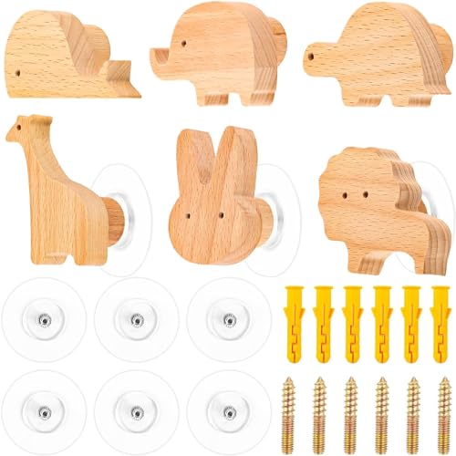 Lnjya Perchero Infantil Pared Madera 6 Piezas, Ganchos Adhesivos Pared para Niños Perchero Pared Madera, Perchero Autoadhesivos Madera Animal para Ropa, Bufanda, Sombrero, Bolsa