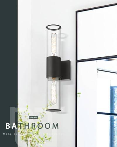 Image of Black Vanity Light Set of 2, 2 Light Modern Bathroom Light Fixtures Over Mirror with Clear Glass Shade, Up and Down Indoor Wall Sconce for Bathroom Bedroom Hallway, VL834-MB-2PK