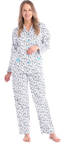 Patricia Lingerie Soft Cotton Button-Down Flannel Pajama Set for Women (Blue/Grey Floral Print, M)