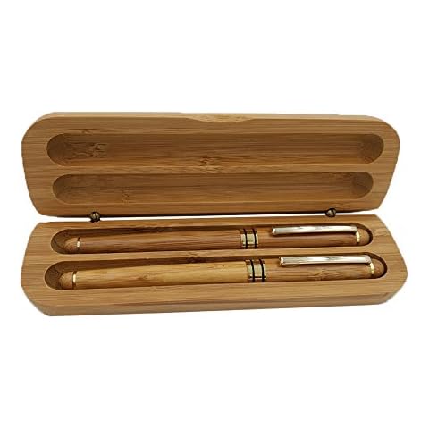 0.5mm Bamboo Gel Ink Rollerball Pen & Fountain Pen Set, Creative Luxurious Carbonization Surface Signature Writting Drawing Gift Supplies Hand Polished Arts Crafts with Bamboo Case(Round Cap 1) Cover