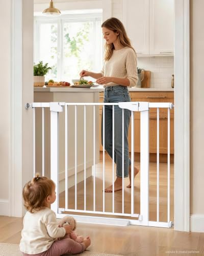 Cumbor 30-43" Baby Gate for Doorways, Auto-Close Dog Gate, No-Drill, White