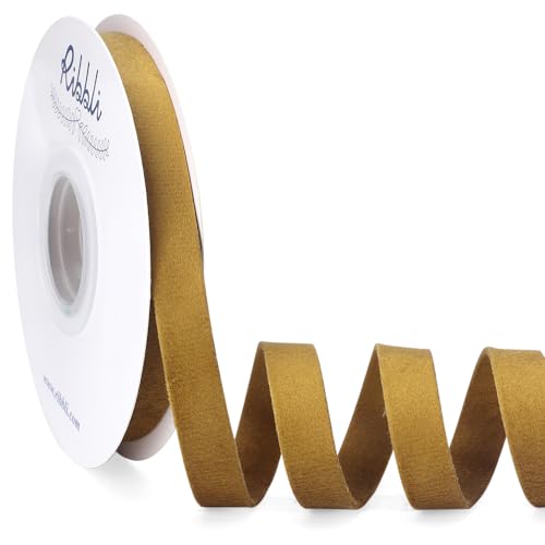 Ribbli Antique Gold Velvet Ribbon Double Faced 1/2 Inch 10-Yard Spool Gold Ribbon Use for Christmas Tree Ornaments Gift Wrapping Wreath Decoration Wedding Boutonnieres