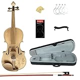 Kinglos 4/4 Flower Carved Ebony Fitted Solid Wood Unpainted Violin Kit with Case, Shoulder Rest, Bow, Extra Bridge and Strings Full Size (MS007)