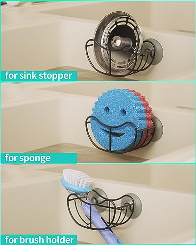 HapiRm Smiley Face Sponge Holder for Sink, 2 Installation Ways Sink Organizer with Suction Cups & Adhesive Hook, Rustproof Stainless Steel Sponge Holder - Black