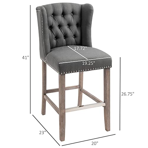 Homcom Counter Height Bar Stools Set Of 2, Upholstered 26.75" Seat Height Barstools, Breakfast Chairs With Nailhead-Trim & Tufted Back, Wood Legs, Deep Grey #TOP2