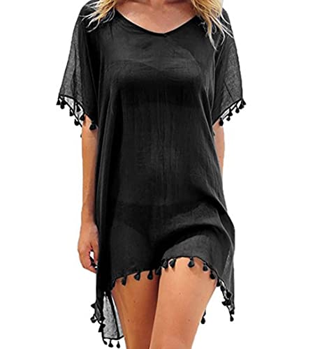 Edary Beachwear Cover Ups Strickquaste Bademode V Ausschnitt Hollow Out Häkelkleid Bikini Outer Bluse Swims Badeanzug für Frauen und Mädchen (Schwarz) Cover
