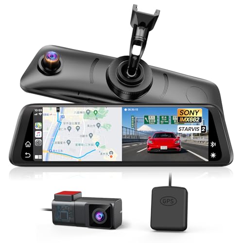 AUTO-VOX ドライブレコーダー ミラー型 ワイヤレスCarPlay/Android Auto対応 純正交換式 SONY IMX662 STARVIS2搭載 2.5K QHD録画 170°広角 前後同時録画 デジタルインナーミラー 10インチ GPS搭載 HDR/WDR 駐車監視 タッチパネル 18ヶ月保証