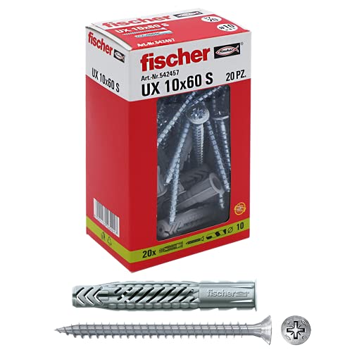 Fischer 542457 tacos con tornillo UX, Gris, 10 x 60 mm, juego de 20 unidades)