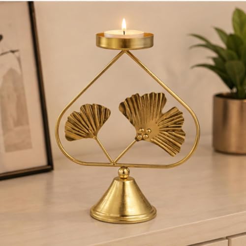 Image of Webelkart Premium Gold Plated Tealight Candle Holder for Home Decor |Candle Stand with Ginkgo Leaf Design | Diwali Candle Holder,Living Room, Bedroom, Dining Table & Festive Decoration (7 inch in)